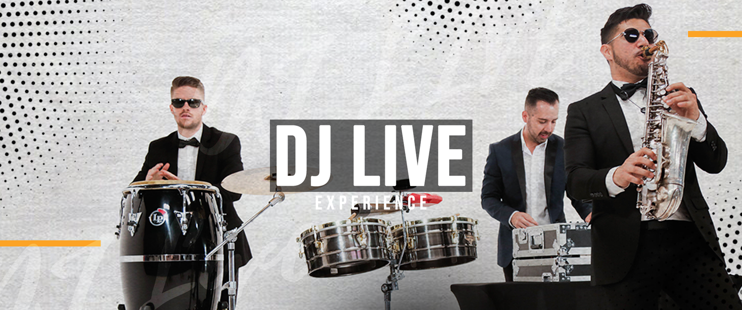 DJ Live musicians with DJ, saxophone, and percussion.