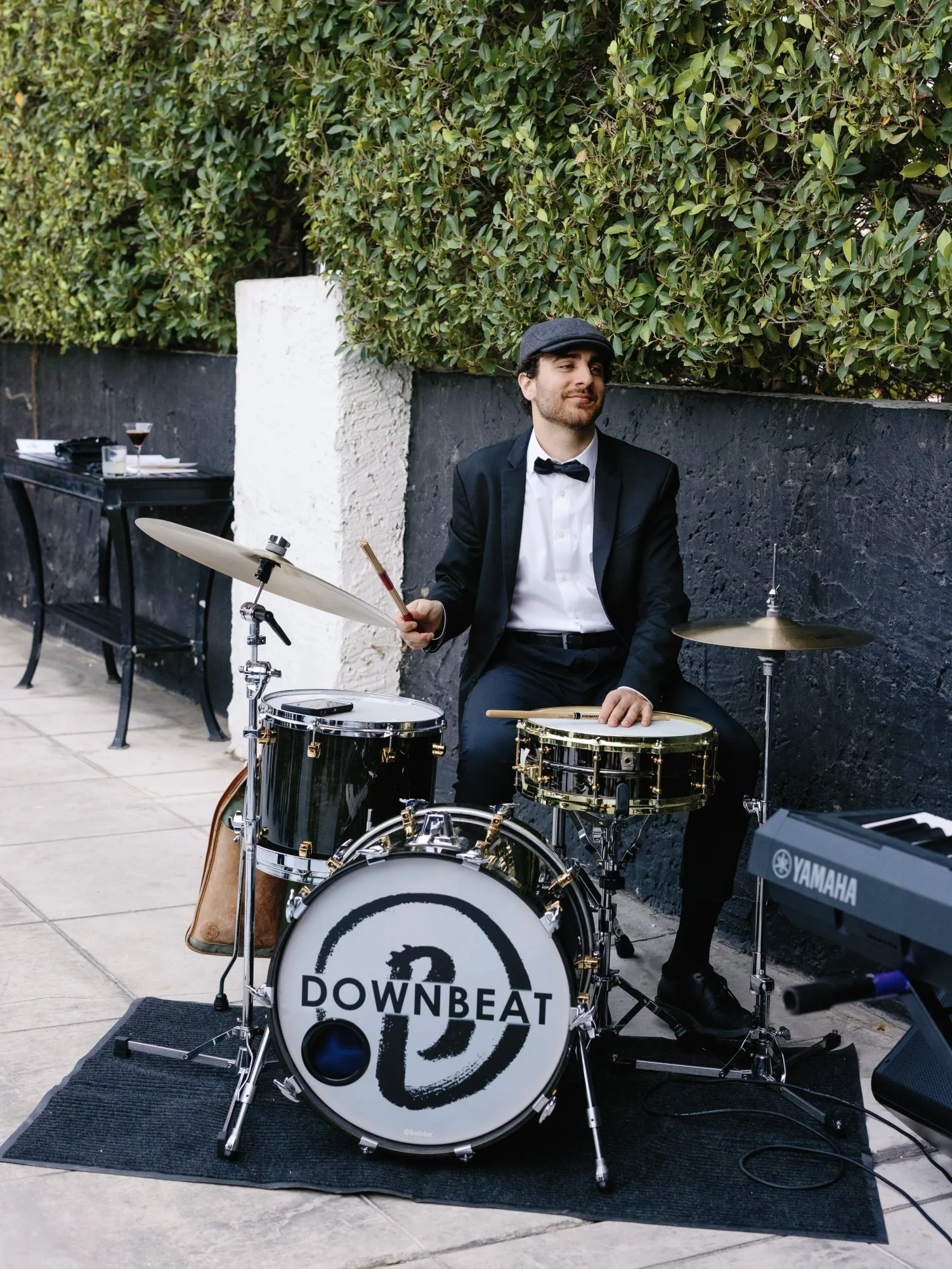 A drummer performing outdoors at Avalon Palm Springs.