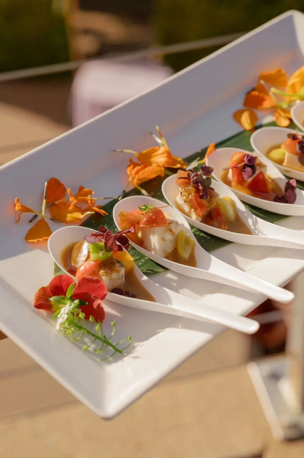 A colorful plated course prepared for the reception.