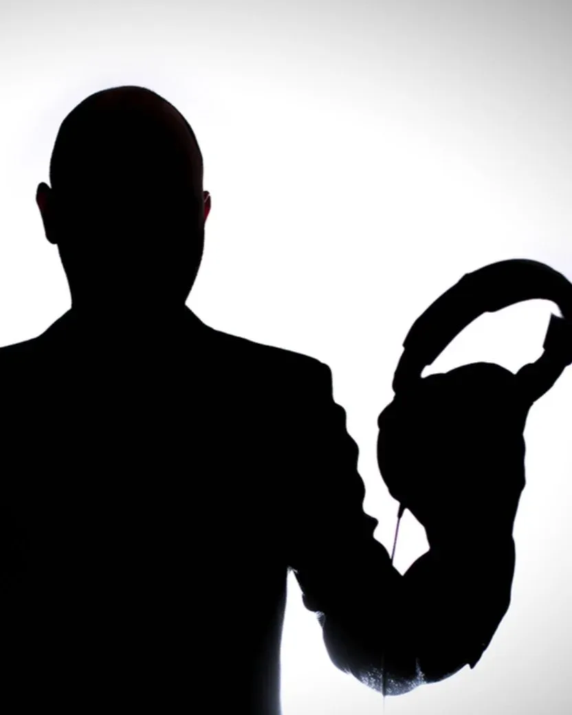 A high-contrast silhouette portrait of DJ Sam holding headphones.
